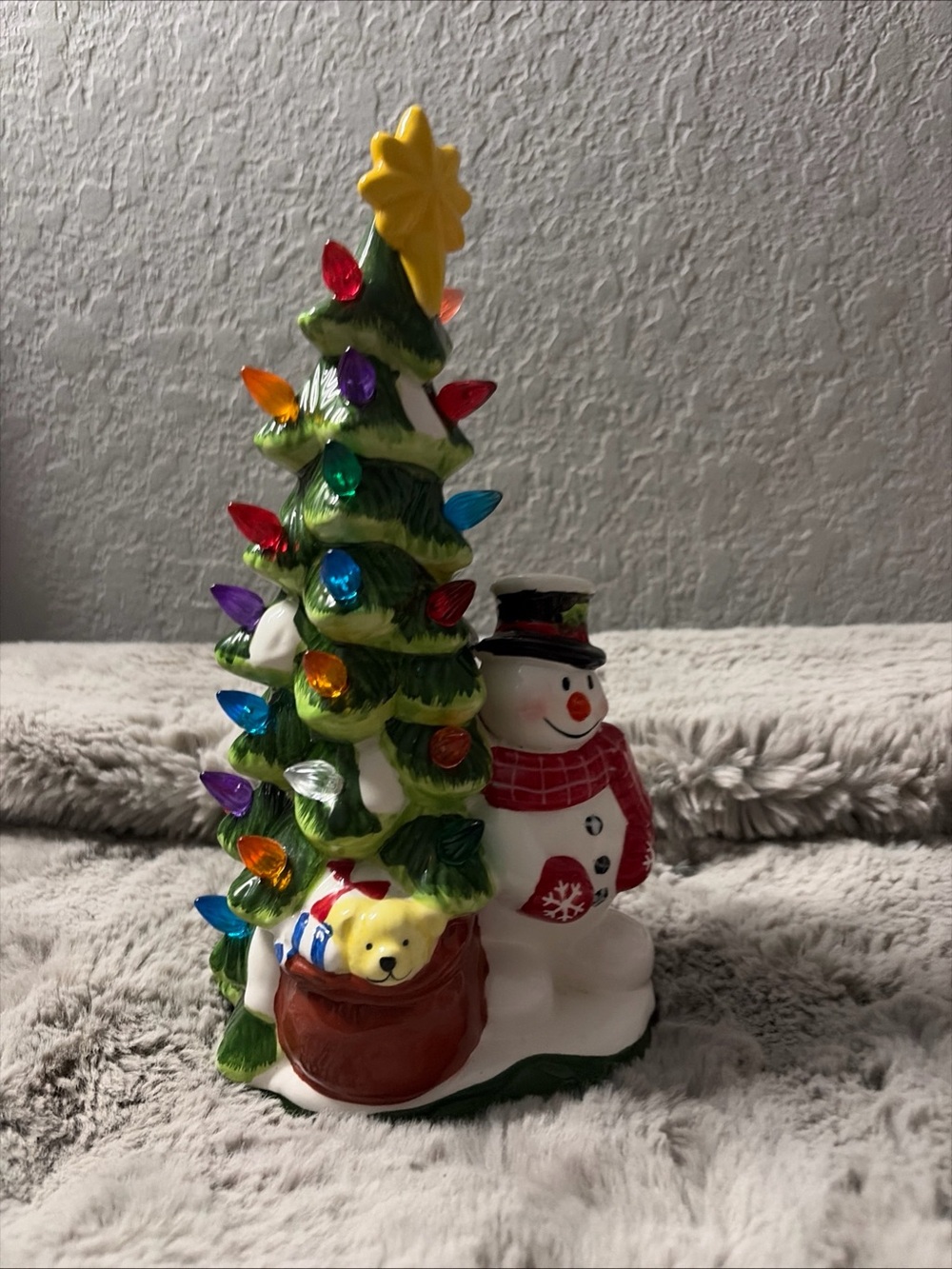 Ceramic Green Christmas Tree with Snowman Holiday Figurine